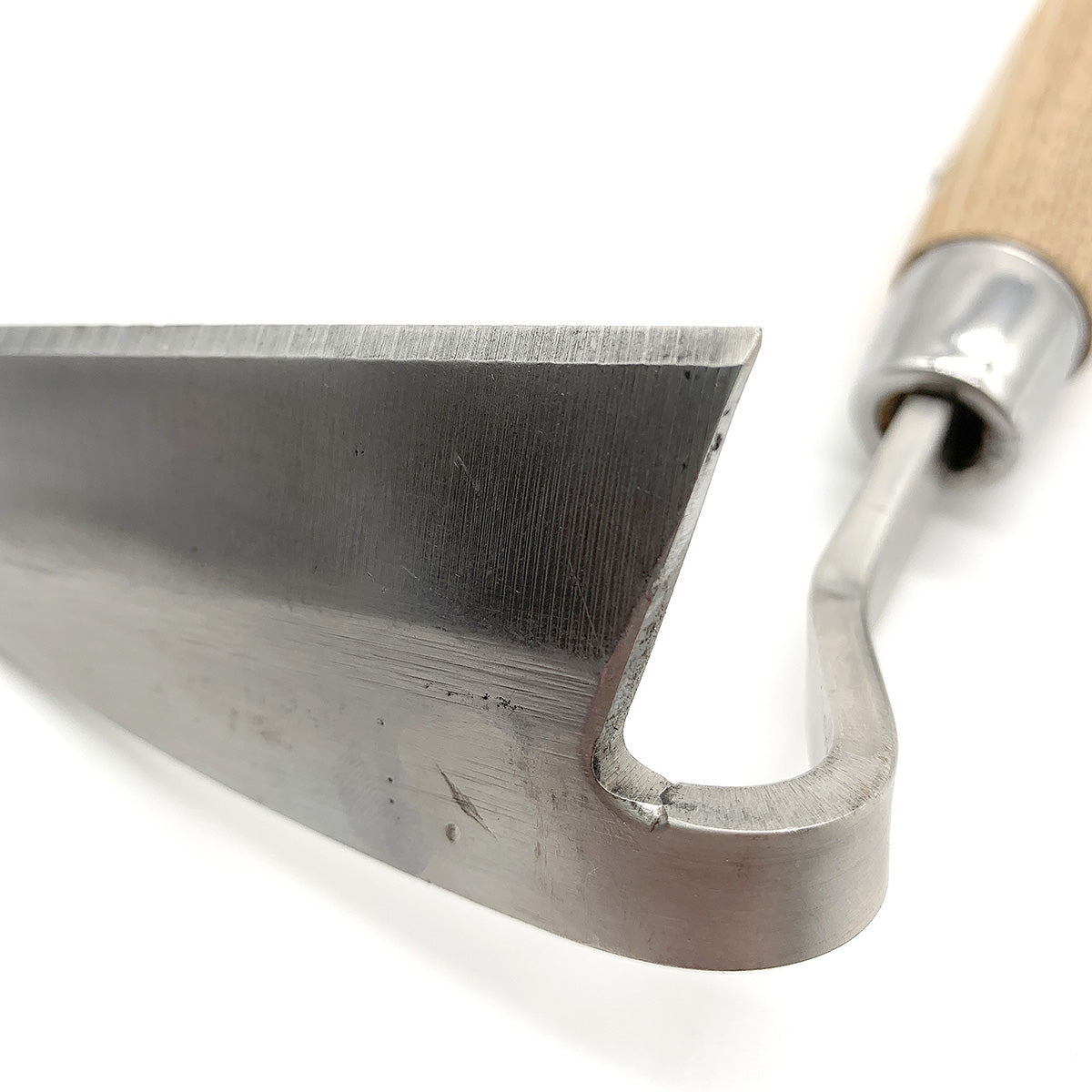 A garden hand hoe with an ash wood handle, genuine leather strap, and a stainless steel head.
